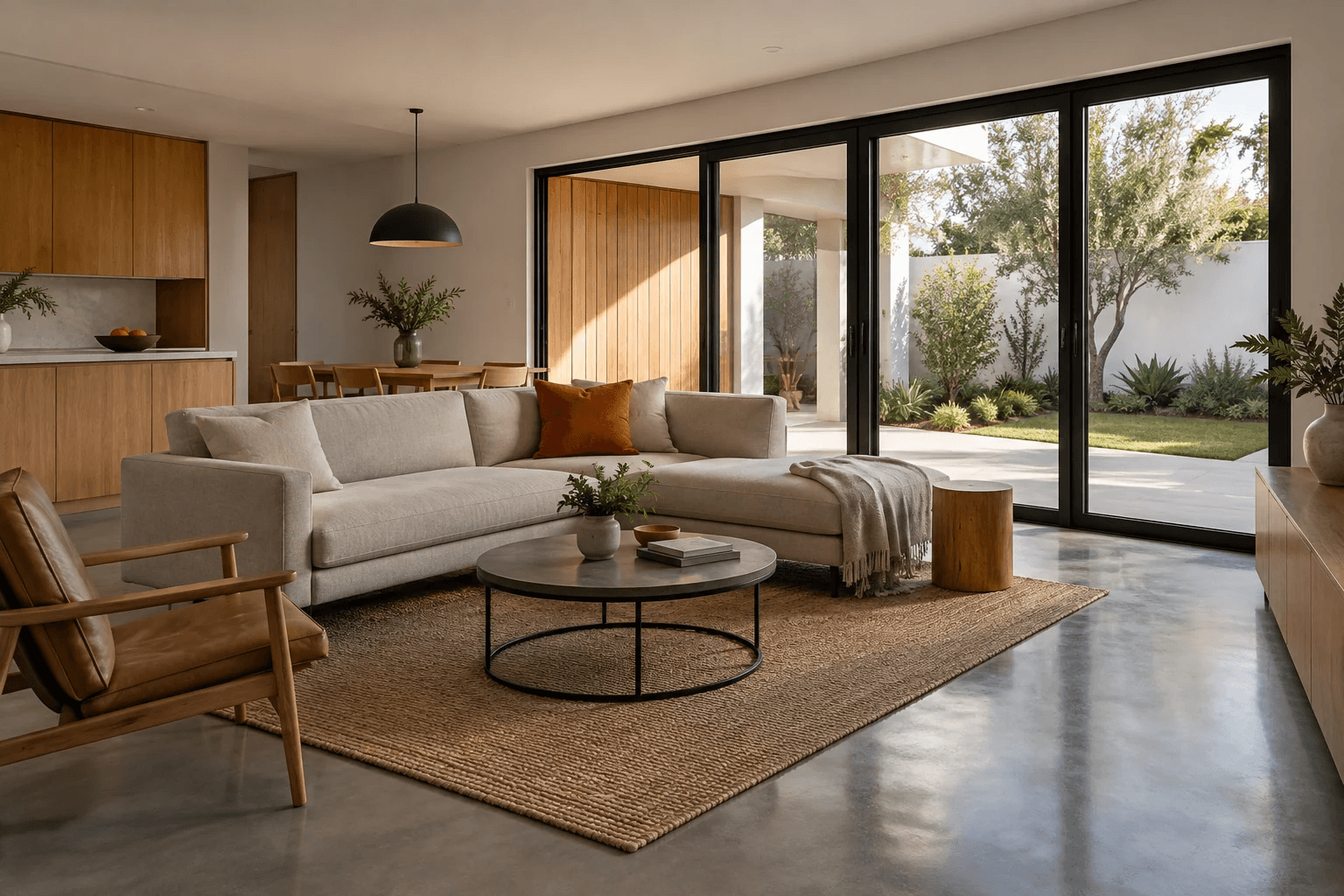 Illustrative renovated living room with timber finishes, concrete flooring and sliding doors opening onto a garden