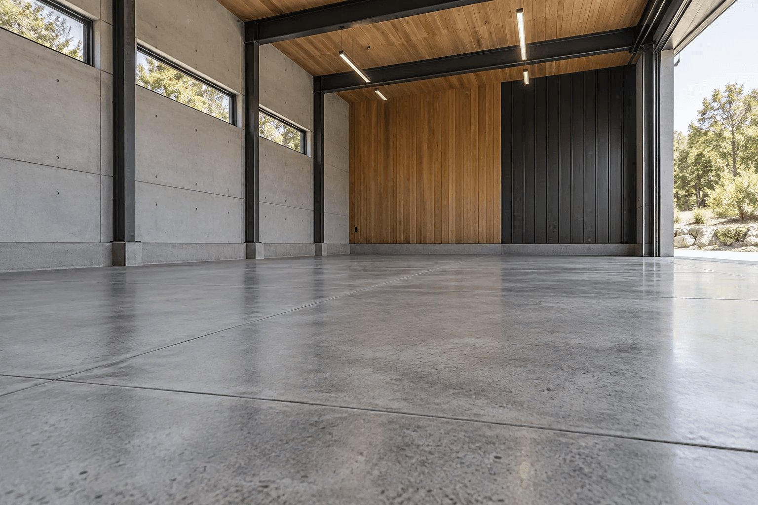 Illustrative smooth concrete floor in a modern workspace with timber ceilings and dark steel beams