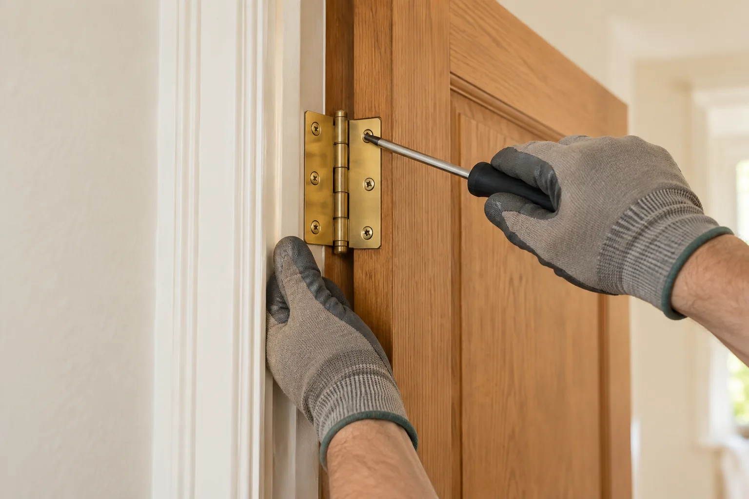 Illustrative gloved hands tightening a brass hinge on a timber door