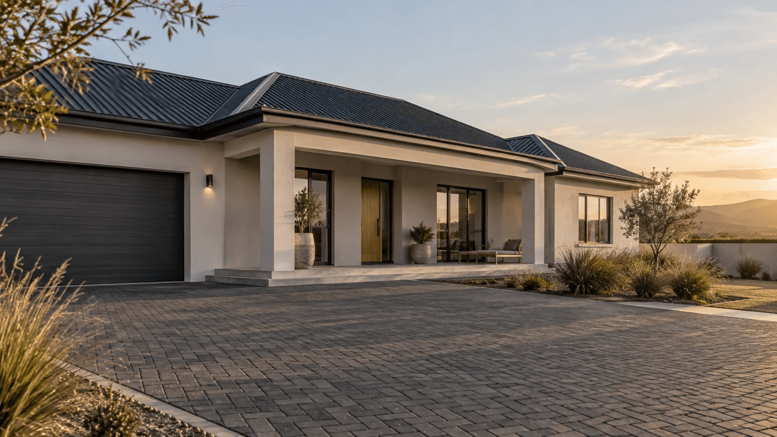 Illustrative modern home with a dark pitched roof, covered veranda and paved driveway