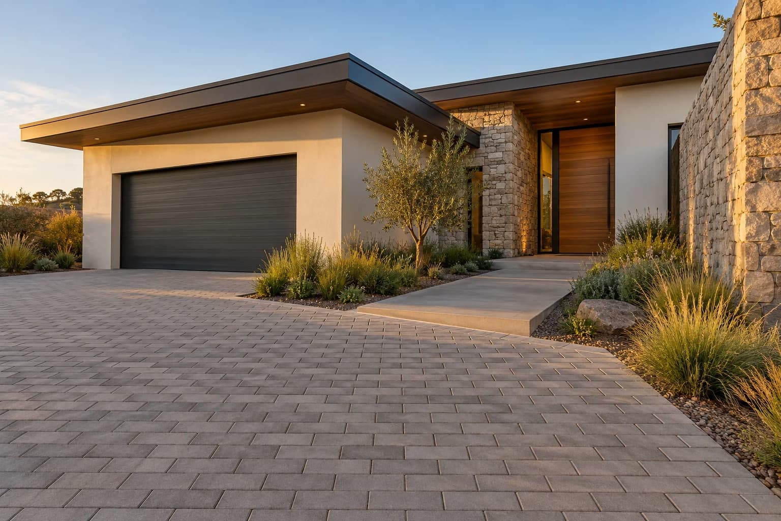 Illustrative masonry home with concrete paths and a paved driveway